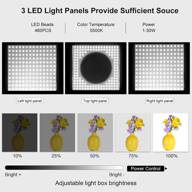 Detalle 2 de PULUZ 40 cm Fotobox-Softbox Lichtzelt inkl. 5500K & 4 Hintergründe (schwarz, weiß, orange, grün)