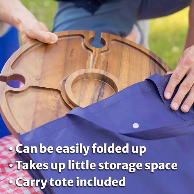 Detalle de Portable Wooden Folding Picnic Table for Wine Glasses & Bottle (with carry bag) – Walnut-style wood picnic table
