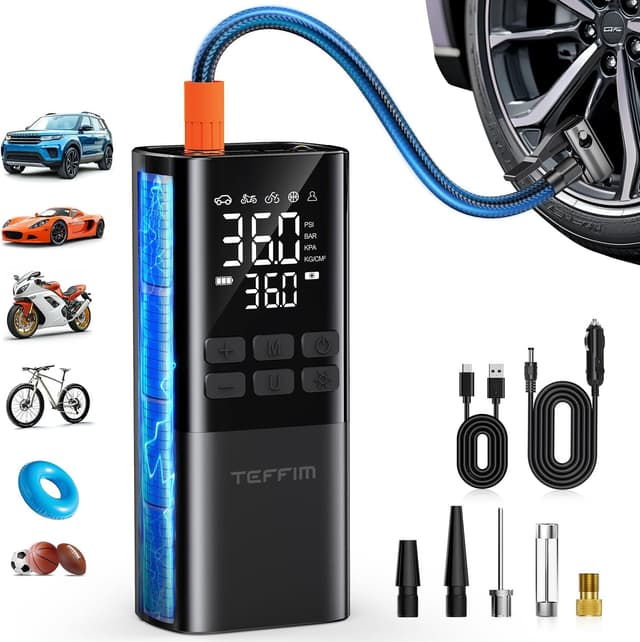 Detalle de Teffim Portable Tire Inflator Air Compressor with Pressure Gauge, LED Light, and 5 Modes