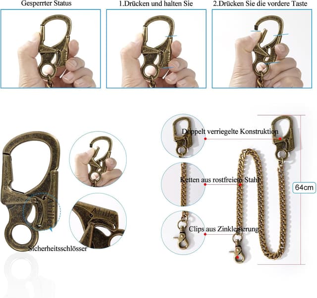 Detalle 2 de Chaîne de portefeuille homme Ahiller avec mousqueton en alliage et chaîne en acier inoxydable (gris acier)