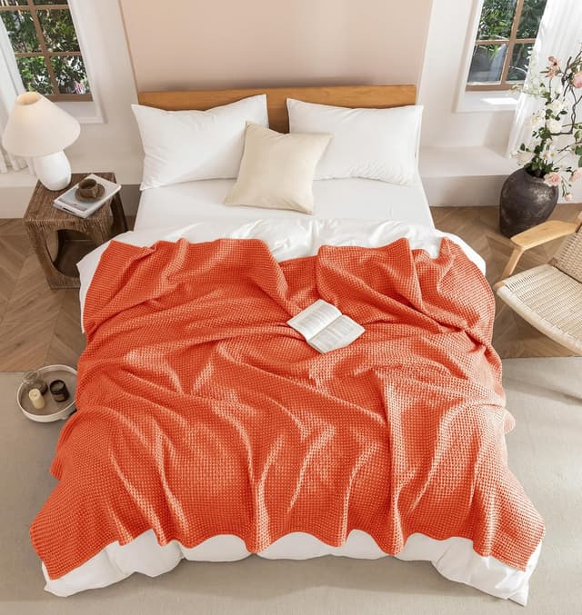 Thumbnail 6 de Talasily 100% Cotton Waffle Blanket Throw (150 x 200cm) – Orange-red
