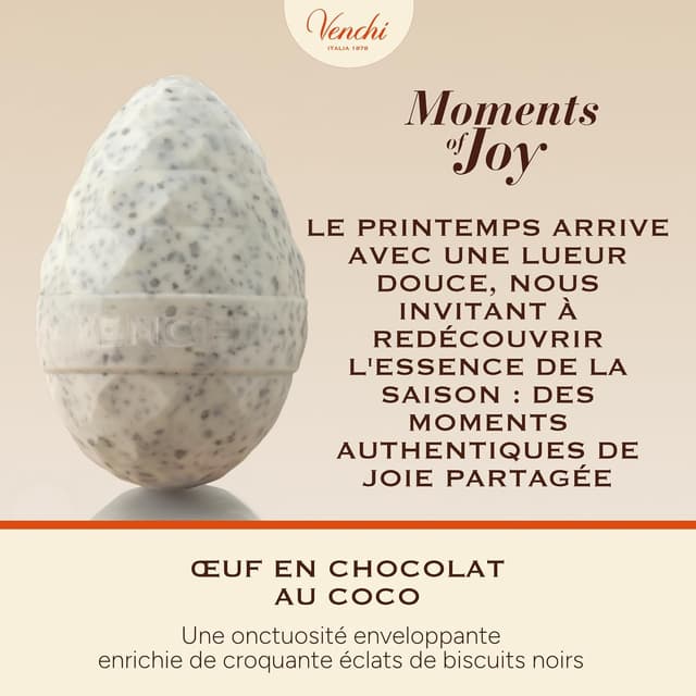 Detalle de Venchi Œuf au chocolat à la noix de coco, éclats de biscuit noir (150 g) sans gluten, avec surprise