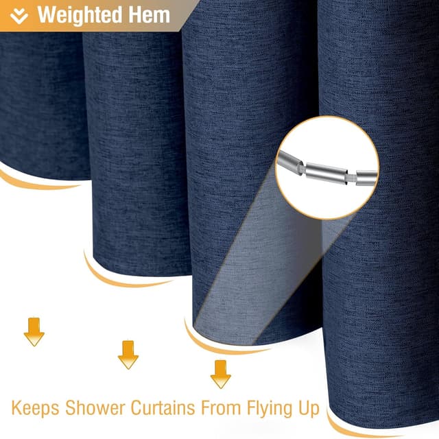 Detalle de BTTN Navy Blue Linen-Textured Heavy-Duty Waterproof Shower Curtain Set (72x72) with 12 Plastic Hooks
