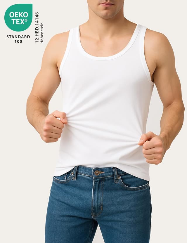 Detalle de ALPIDEX Herren Classic Unterhemd 5er-Set (100% Baumwolle, Feinripp, ärmellos) – weiß/schwarz