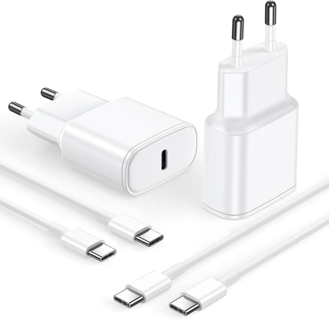 Detalle de 2Pack chargeur rapide USB‑C 20W avec câble 2 m pour iPhone 17/16/15 Pro et iPad Pro/Air/Mini