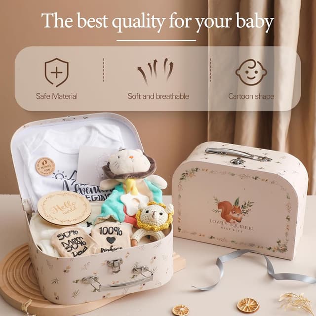 Detalle de Promise Babe Baby Geschenk Set zur Geburt (Junge/Mädchen) – Badetuch, Babydecke, Strampler, Socken, Holzgreifling & Rassel