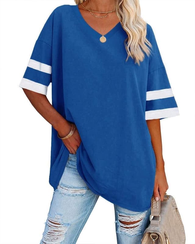 Detalle de Ebifin Damen Oversize-T‑Shirt mit V-Ausschnitt und Kurzarm – lockere Basic Sommertee