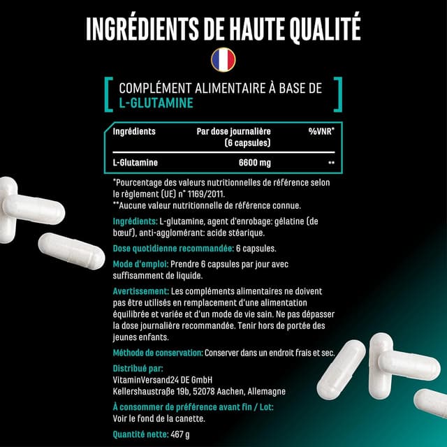 Detalle de GEN German Elite Nutrition L-Glutamine Ultra Caps – 365 gélules de 1.100 mg (L-glutamine pure)