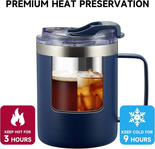 Detalle de ALOUFEA 12oz Insulated Stainless Steel Coffee Mug with Handle and Flip Lid (Navy)