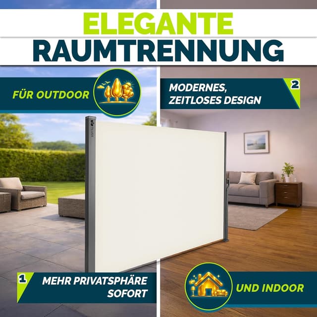 Detalle 2 de tillvex® Seitenmarkise 160 x 350 cm ausziehbar mit Blickschutz & Regencover