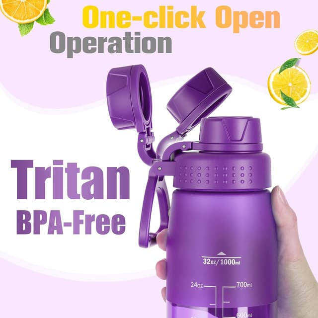 Detalle de GOPPUS 1L Clear Tritan Water Bottle (32oz) with Screw Lid, Fruit Infuser & Leakproof Handle