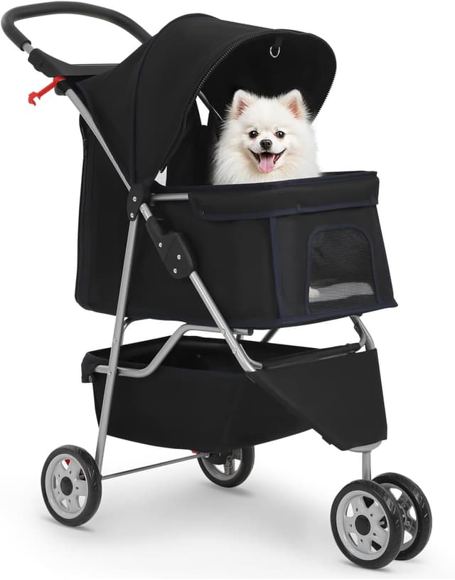 Detalle de BestPet 3-Wheel Pet Stroller (Dog and Cat) with Breathable Mesh, Waterproof Foldable Design, Storage Basket