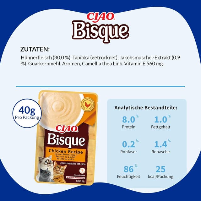 Detalle 2 de INABA Ciao Bisque Katzenfutter Nass (ohne Getreide & Zucker) 12 x 40 g
