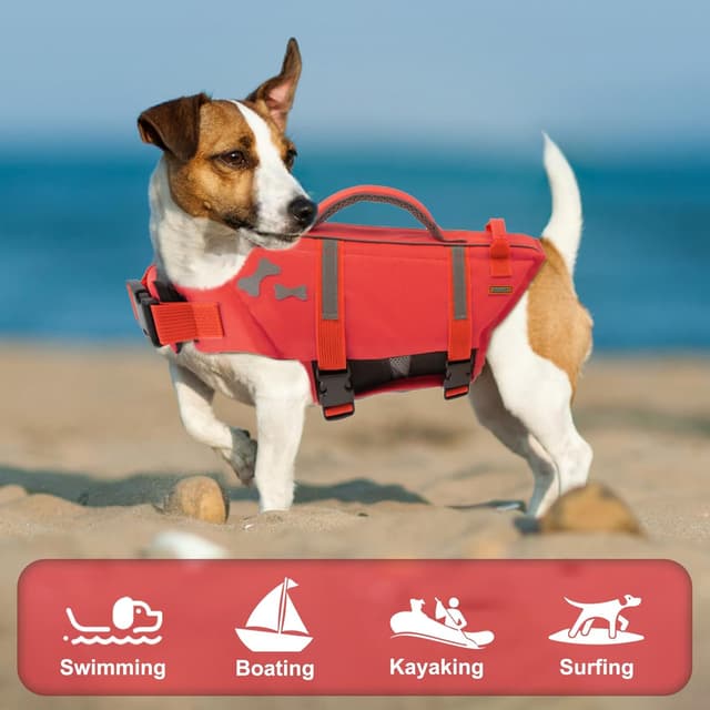 Detalle de EMUST Adjustable Dog Swim Vest (XL, NewRed) with Rescue Handle and Reflective Strips