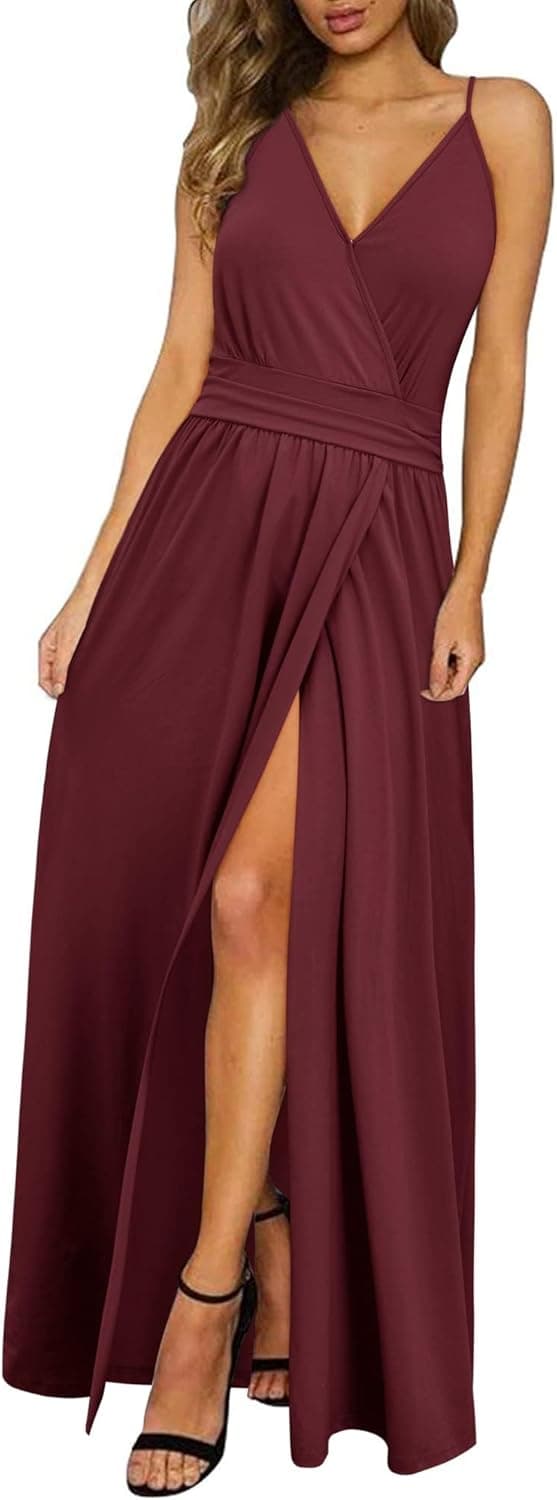 Detalle de Newshows Sommerkleid Damen Lang Maxikleid mit V-Ausschnitt, Spaghettiträgern & Schlitz