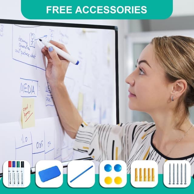 Detalle de XIWODE Magnetic Dry Erase Board (60 x 45cm) – wall mounted whiteboard with black aluminium frame