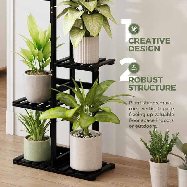 Thumbnail 6 de Bamworld 5-Tier Bamboo Corner Plant Stand (Black) for Indoor Window Gardens & Balconies
