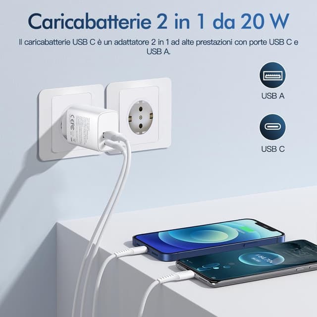 Detalle 2 de Caricatore USB-C multi-alimentazione PD 20W + QC 3.0 con testina di ricarica rapida (standard europeo) per iPhone, iPad e Samsung Galaxy
