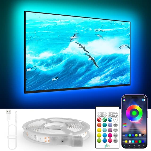 Detalle de KANTUTOE LED TV Hintergrundbeleuchtung (6 m) mit RGB, Musik-Sync, Bluetooth-App & Fernsteuerung für 65–85 Zoll