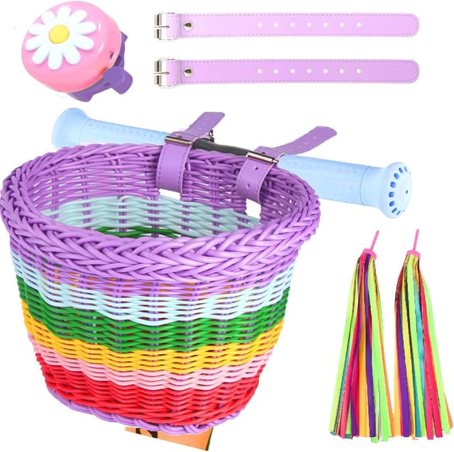 Detalle de SVNR kids bike basket set with handwoven basket, bell, streamers and leather straps