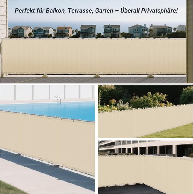 Detalle 2 de interGo Balkon Sichtschutz Balkonverkleidung 90x300 cm HDPE mit Ösen und Kordel (Creme)