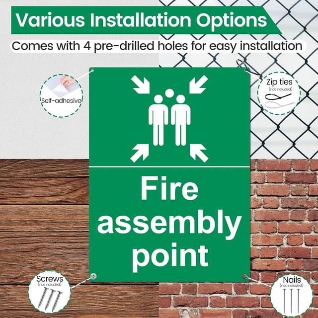 Detalle de Detailing Garage Fire Assembly Point Sign (400 x 300 x 1mm) – Matte Rigid Plastic Outdoor Safety Sign with 4 Pre-Drilled Holes