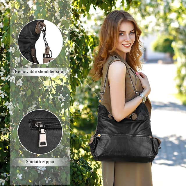 Detalle 2 de VINBAGGE washed vegan leather ladies bag in black – large capacity crossbody/tote with multiple pockets