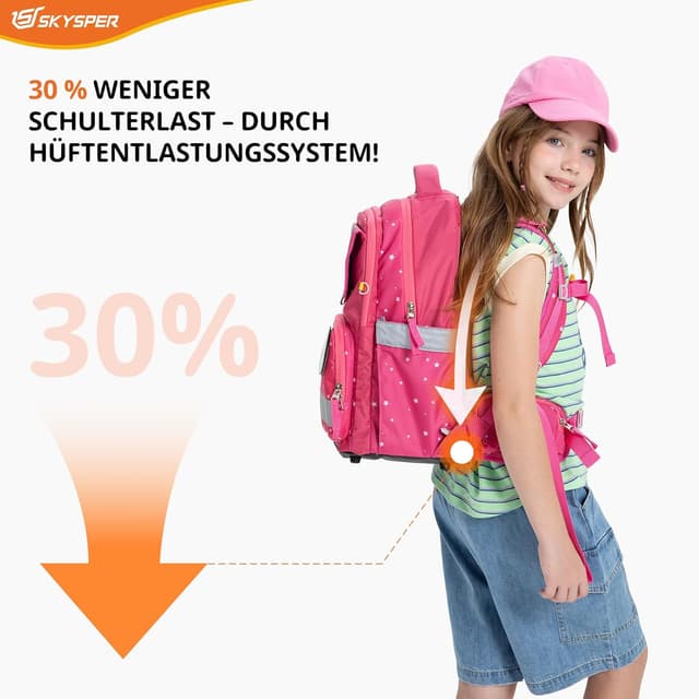 Detalle de SKYSPER Schulranzen-Set 5-teilig mit ergonomischem Tragesystem, 16L und 360° Reflektorstreifen
