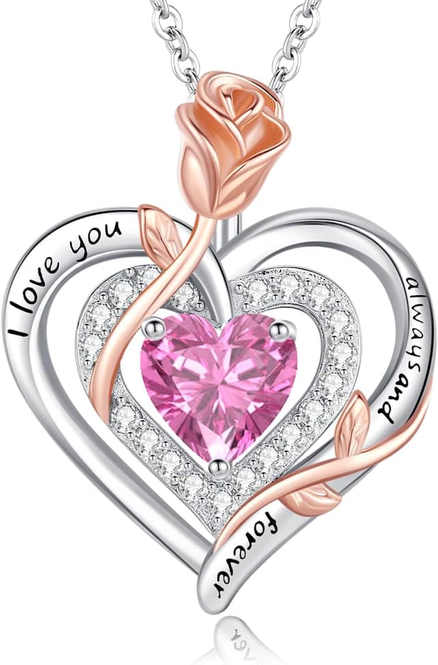 Detalle de LAVUMO Halskette für Damen aus 925 Silber mit Doppel-Herz, Rosenblume & Geburtsstein