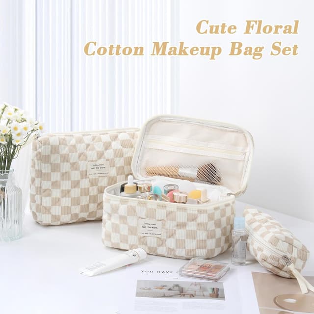 Detalle 2 de BuyCard Kosmetiktaschen 3er-Set Damen aus Cord (Khaki Check) – Kulturtasche & Waschtasche