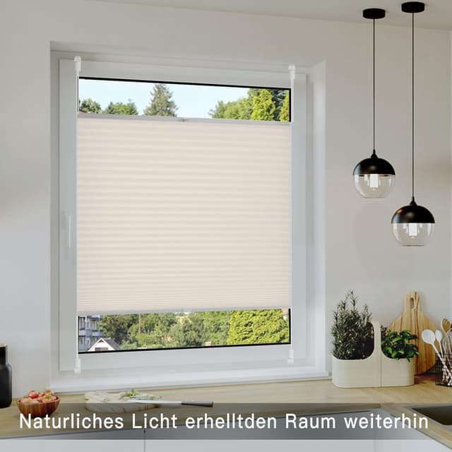 Detalle 2 de wudomi Plissee ohne Bohren Klemmfix 65 x 130 cm (BxH) Beige – für Tür & Fenster