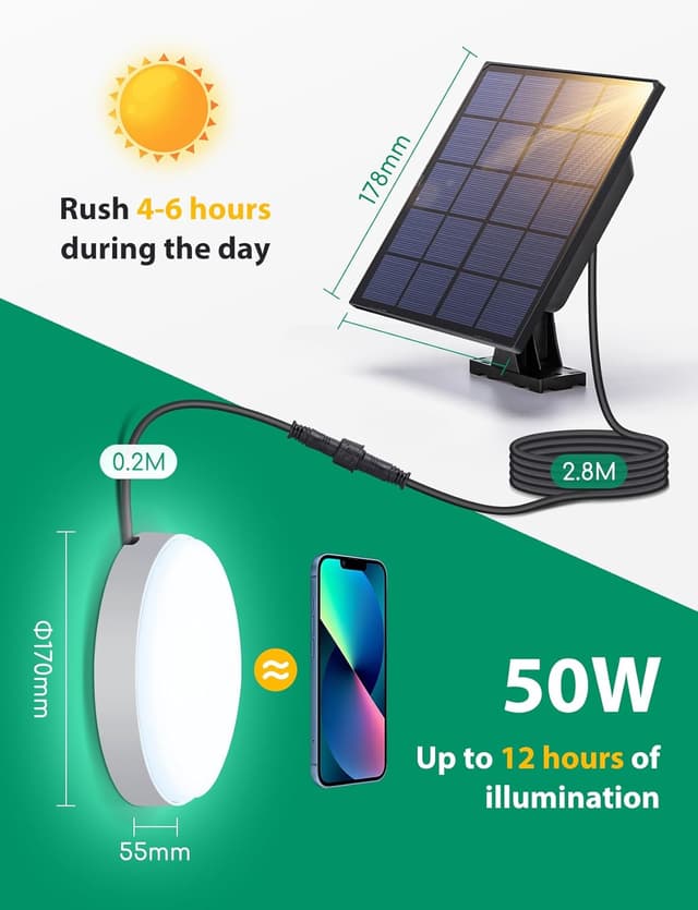 Detalle de Aigostar Luce Solare LED da Esterno con telecomando 50W e 3 temperature (IP65) con cavo da 3 m