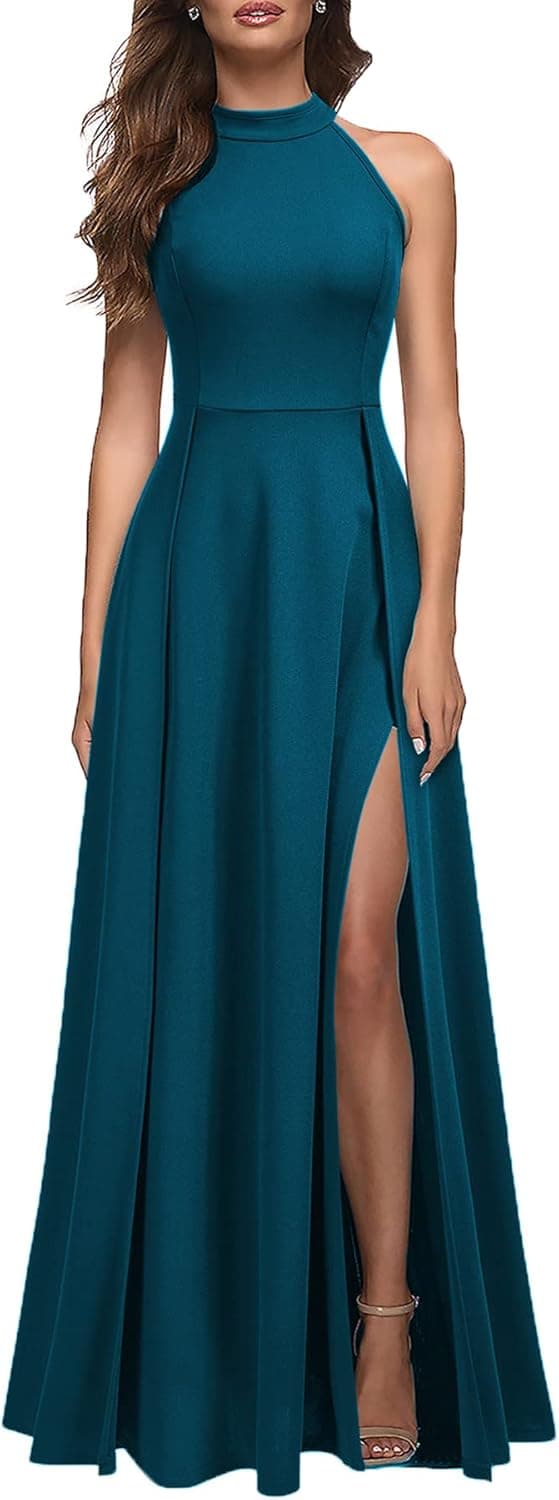 Detalle de MUSHARE Women’s Halter Neck Split Maxi Formal Dress (Bodycon Cocktail Party Style)