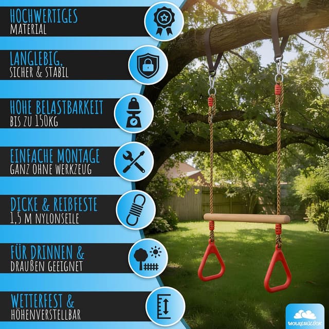 Detalle de WOLKENGLÜCK Trapez Schaukel für Kinder (2-in-1) mit Holztrapez und 2 Turnringen – höhenverstellbar 120 bis 150 cm, bis 150 kg