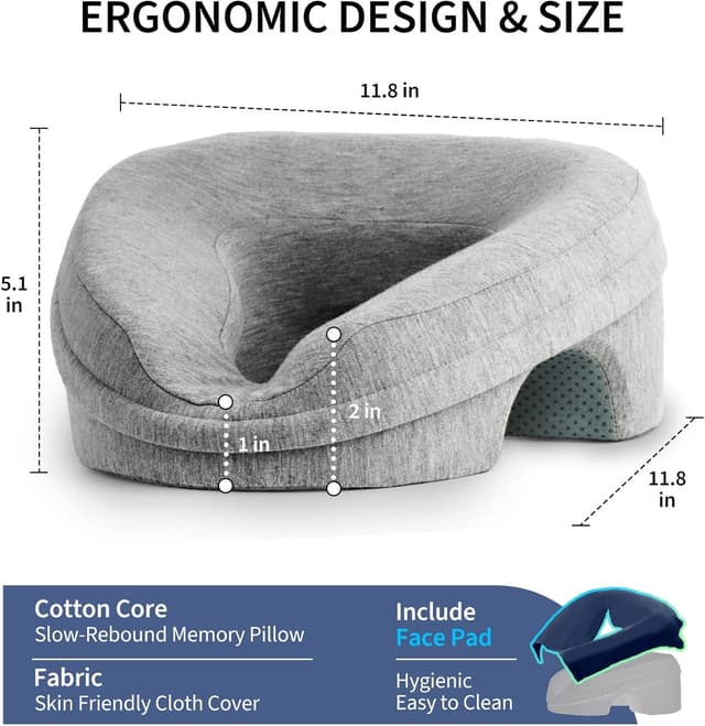 Detalle de Face Down Massage Table Pillow with Face Cradle Pad (Removable Cover) — Grey