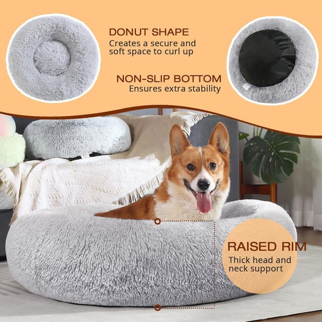 Detalle de JOLLYVOGUE Dog & Cat Donut Bed (23") for Calming Anti-Anxiety Comfort