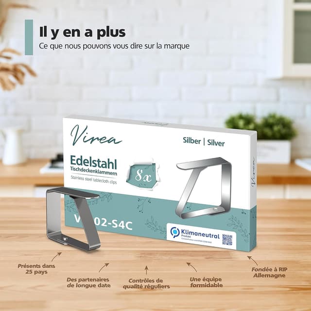 Thumbnail 6 de Virea (lot de 8) pinces à nappe en acier inoxydable argent pour tables jusqu’à 3 cm d’épaisseur
