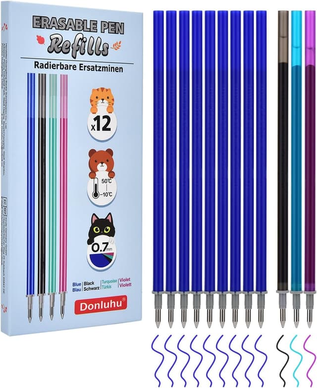 Detalle de Donluhu radierbare Ersatzminen (13 cm) – 0,7 mm Stiftspitze, 12er Pack in Blau/Schwarz/Türkis/Violett