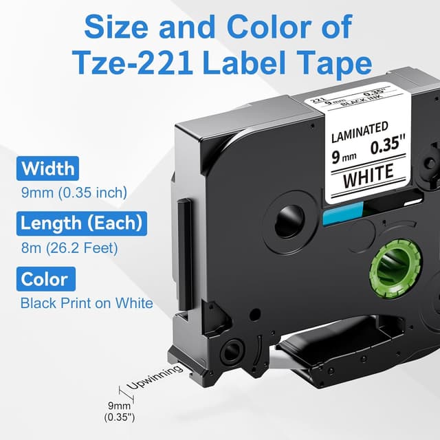 Detalle de Upwinning kompatibel Brother P-touch TZe-221 / TZe221 Schriftband 9 mm, schwarz auf weiß (5er-Set, 8 m)