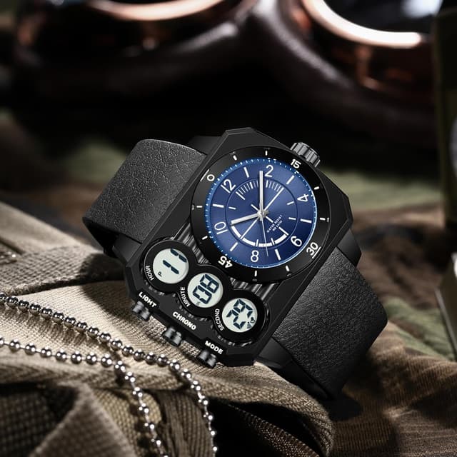 Detalle 2 de findtime Herrenquadratische Digital-Analog-Uhr mit 3 Zeitzonen und LED-Beleuchtung