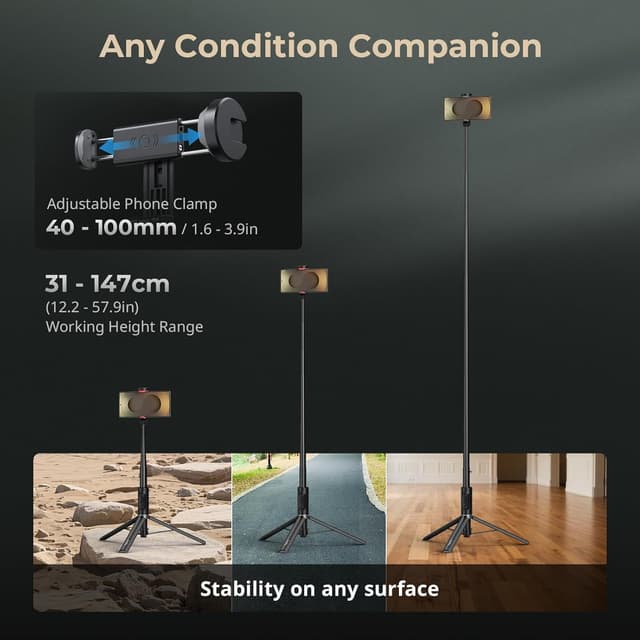 Detalle de SmallRig ST30 trépied One-Touch Deploy (147,1 cm) avec télécommande pour iPhone/Android noir 5291