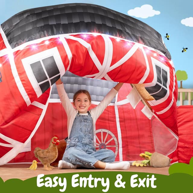 Detalle de W&O Farmhouse Barn Inflatable Play Tent with LED Lights, Farm Sound Button & Fan Setup (Fan Not Included)