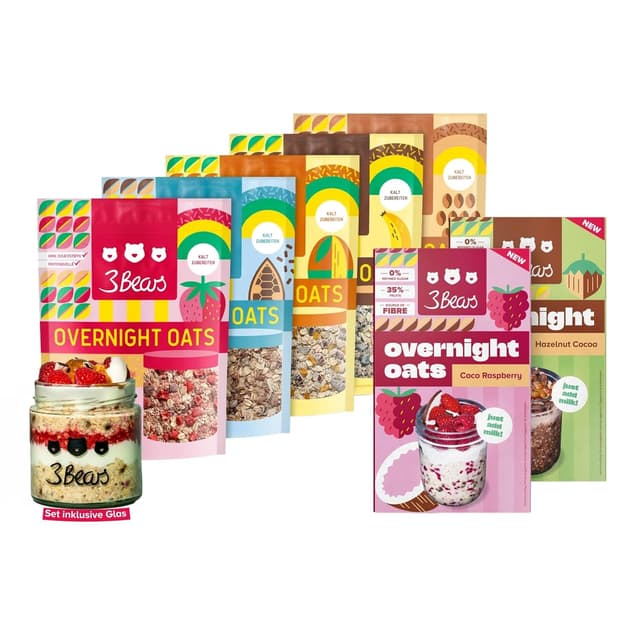 Detalle de 3Bears Overnight Oats Lover-Set inkl. Glas – 7x vegane Porridgemischung (ohne Industriezucker)