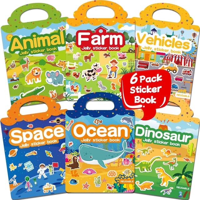 Detalle de 6-Set Reusable Jelly Sticker Book for Toddlers (Ages 3–6) — Travel Sticker Activity Toys, 6 Themes