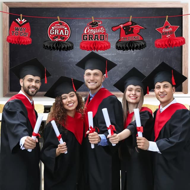 Detalle de 9-Piece Graduation Honeycomb Table Centerpiece Set (Red & Black) for 2026 Congrats Grad