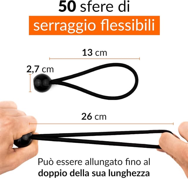 Detalle de 50 elastici con sfera per teloni, striscioni e rimorchi: tenditori piccoli in gomma nera (cavo elastico di fissaggio)