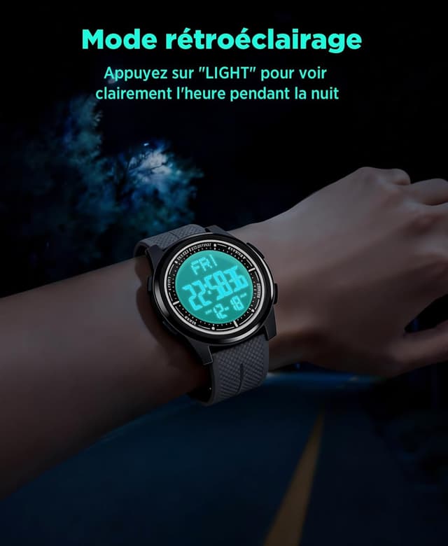 Detalle 2 de WIFORT Montre digitale étanche hommes/femmes avec chronomètre, alarme et affichage grand angle