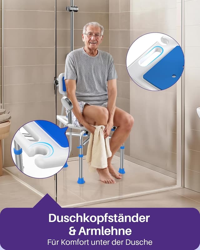 Detalle de KEKOY Duschhocker mit Lehne (2-in-1) – höhenverstellbarer Duschstuhl für Senioren & eingeschränkte Mobilität, Blau