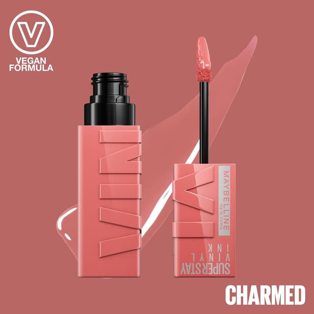 Detalle de Maybelline New York Super Stay Vinyl Ink flüssiger Lippenstift Nr. 100 Charmed (4,2 ml) – glänzendes Finish mit bis zu 16 Stunden Halt