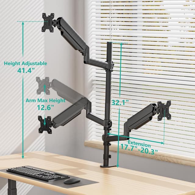 Detalle de WALI triple monitor mount for 13–32 inch screens (GSDM003XL) with gas spring arms, black